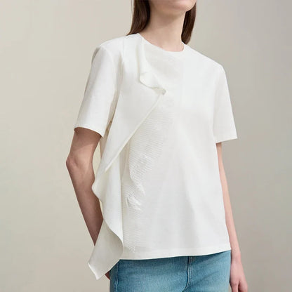 Women's T-Shirt 2026 Summer New Round Neck Ruffle Hem Cotton Tee Lace Trim Short Sleeve Loose Fit Top For Women 12642012