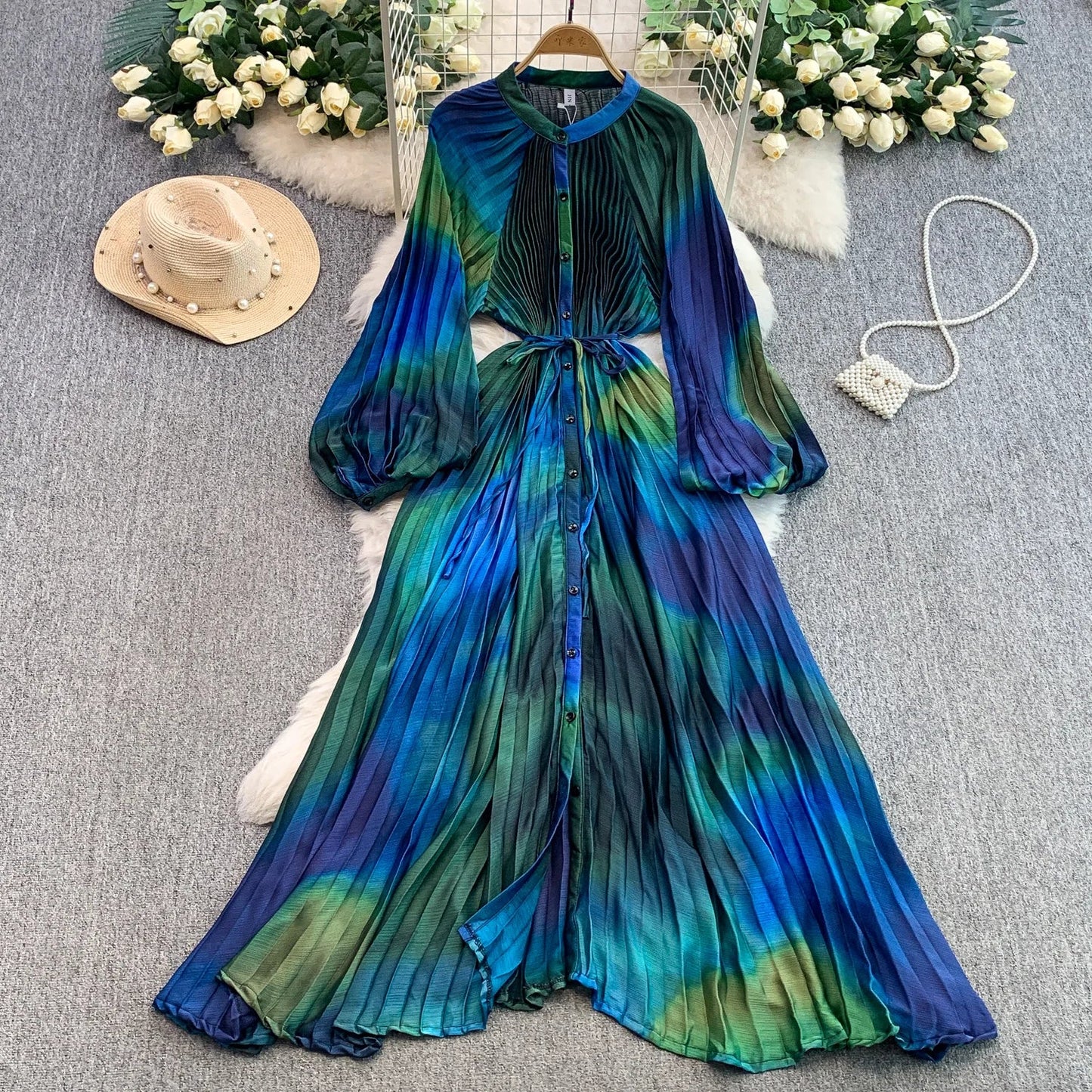 Ele Printed round Ne Lantern Sve Dr Women's Single Button Waist Cinch Maxi Skirt Long Dr Commute Sle Autumn