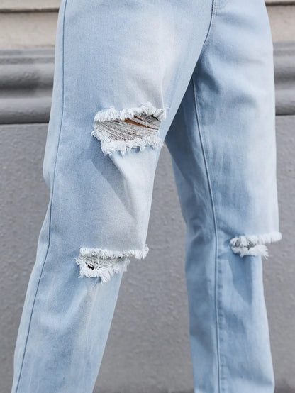Men's Light Blue Ripped Jeans for Spring and Autumn. Casual Denim Trousers. Street Ripped Daily Casual
