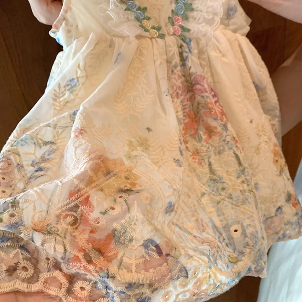 Fashion 2-7 Years Girl Print Lace Sleeveless Vest Princess Dresses Summer Beige Flower Kids Casual Clothes Korean Version