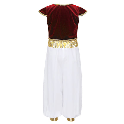 Boys Mythical Prince Arabian Carnival Cosplay Outfit Halloween Party Arabian Prince Role Play Waistcoat Vest Top+Belted Pants