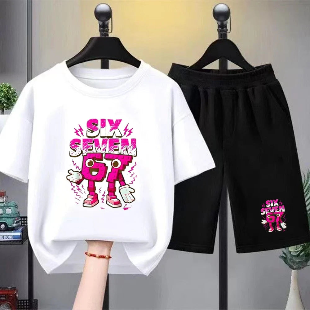 67 Children T-shirt 3-12Yrs Summer Six Seven Print Short-sleeved Cute Funny Fashion Boys Girls Toddler Top+Shorts 2PCasual Set