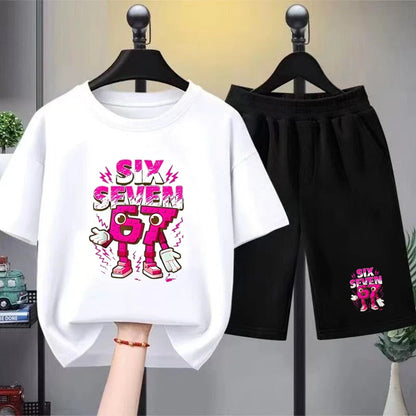 67 Children T-shirt 3-12Yrs Summer Six Seven Print Short-sleeved Cute Funny Fashion Boys Girls Toddler Top+Shorts 2PCasual Set