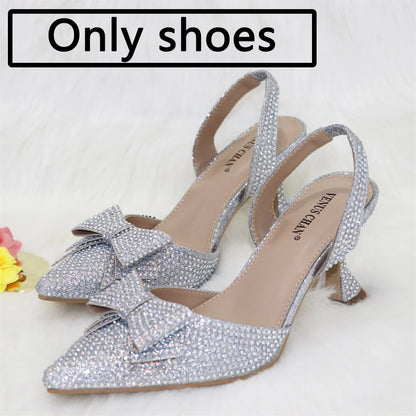 Bridal High Heels for Women 2023 Pointed Toe With Bows Gold Color Rhinestone  Elegant Party Wedding Shoe and Bag Set