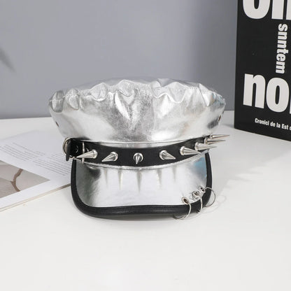 Sweet cool Spice Girl style riveted spider hoop PU leather newsboy hat Y2K fashion trend shopping face small beret