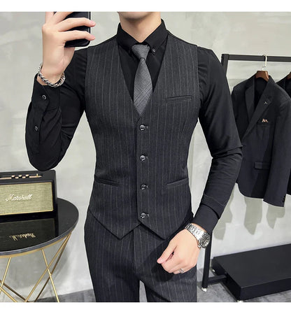 2025 High-quality Korean Version Slim-fit Business (Suit + Vest + Trousers) Striped Double-breasted Suit Three-piece Set