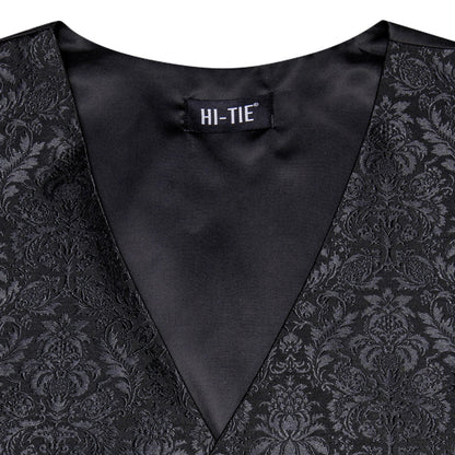 4PC Black Silk Mens Suit Vests Woven Floral Waistcoat Tie Pocket Square Cufflink Business Wedding Dress Waist Jacket