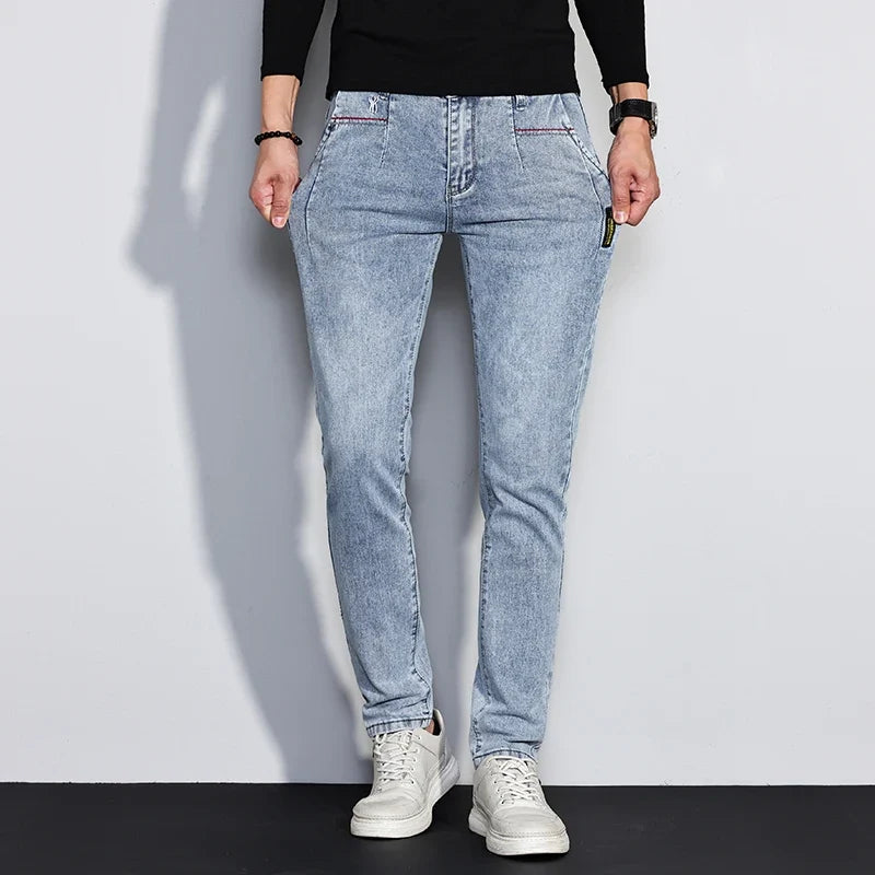 New Men's Jeans Slim Fit Stretch Straight Vintage Trendy Denim Pants Korean Washed Soft Versatile Fashion Trousers Streetwear