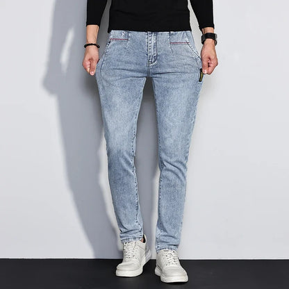 New Men's Jeans Slim Fit Stretch Straight Vintage Trendy Denim Pants Korean Washed Soft Versatile Fashion Trousers Streetwear