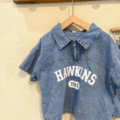 Summer Baby Girls Boys Cotton Alphabet Half Zip Denim T-Shirt Tops+Shorts Pant School Kids Tracksuit Child 2PCS Outfit 1-12Years