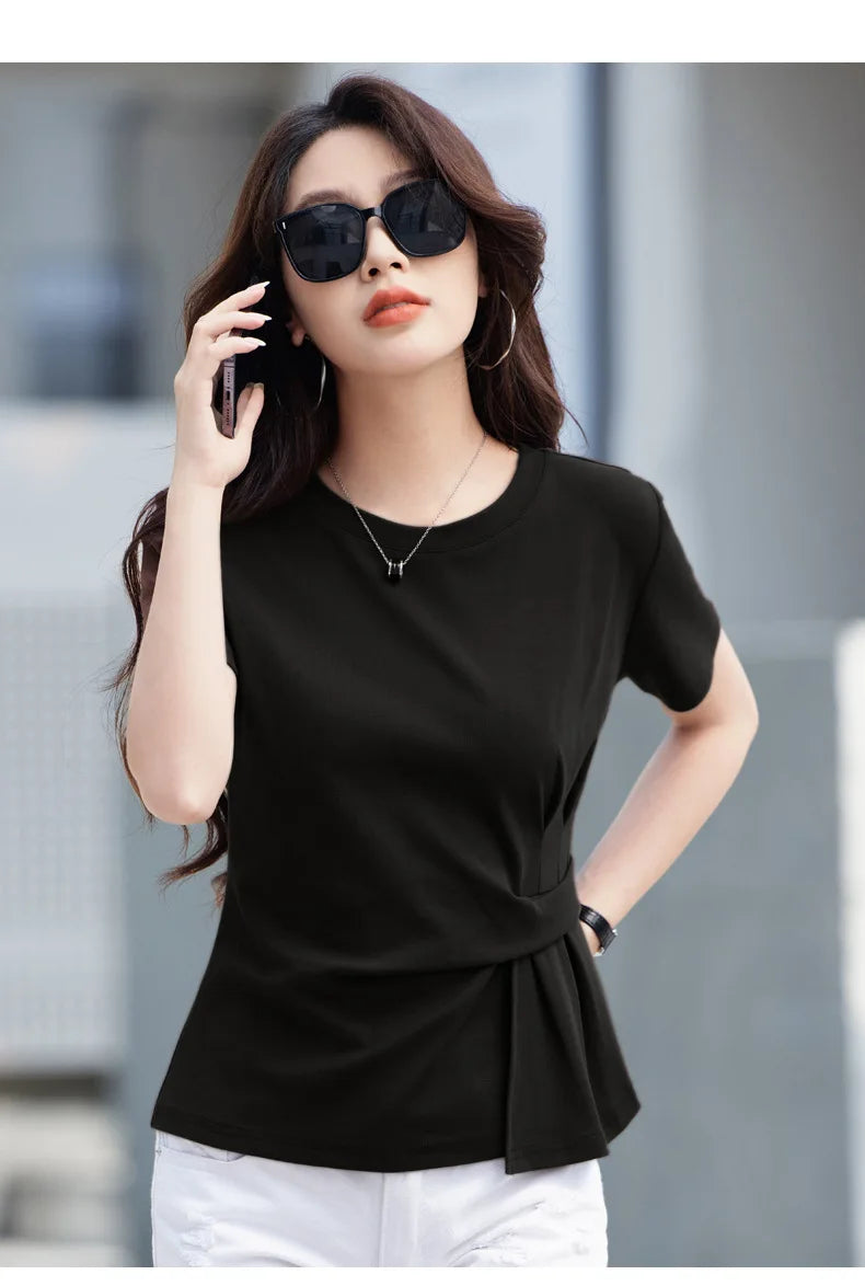 Women's summer new cotton irregular top short sleeved round neck casual women's short sleeved top T-shirt