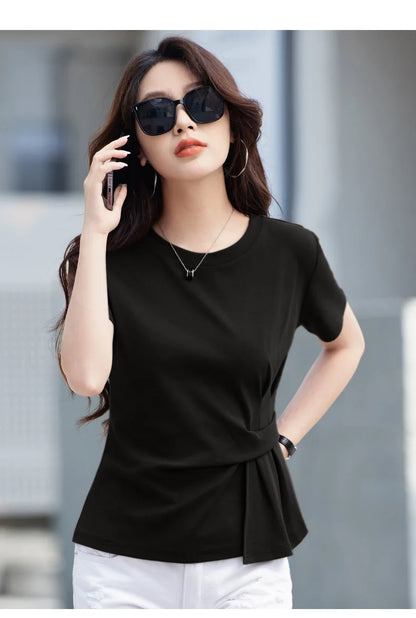 Women's summer new cotton irregular top short sleeved round neck casual women's short sleeved top T-shirt