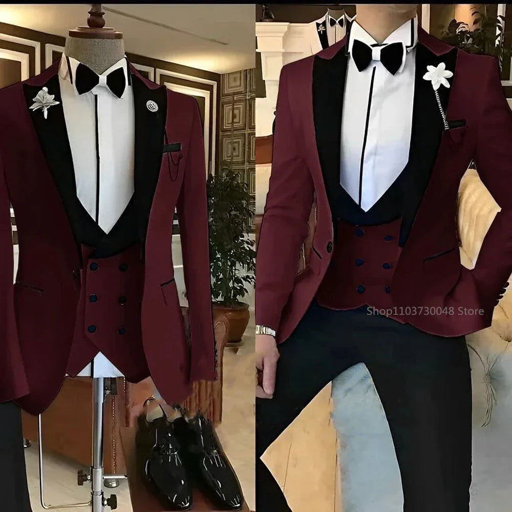Solid Men's 3 Pieces Suit One Button Peak Lapel Jacket Vest Trousers Dinner Wedding Groom Tuxedos Slim Fit Formal Business Suits