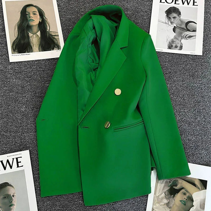 Casual Small Suit Jacket Women Fashion Loose Metal Double-Breasted Blazer Coat Korean Occupation Office Formal Lapel Blazers