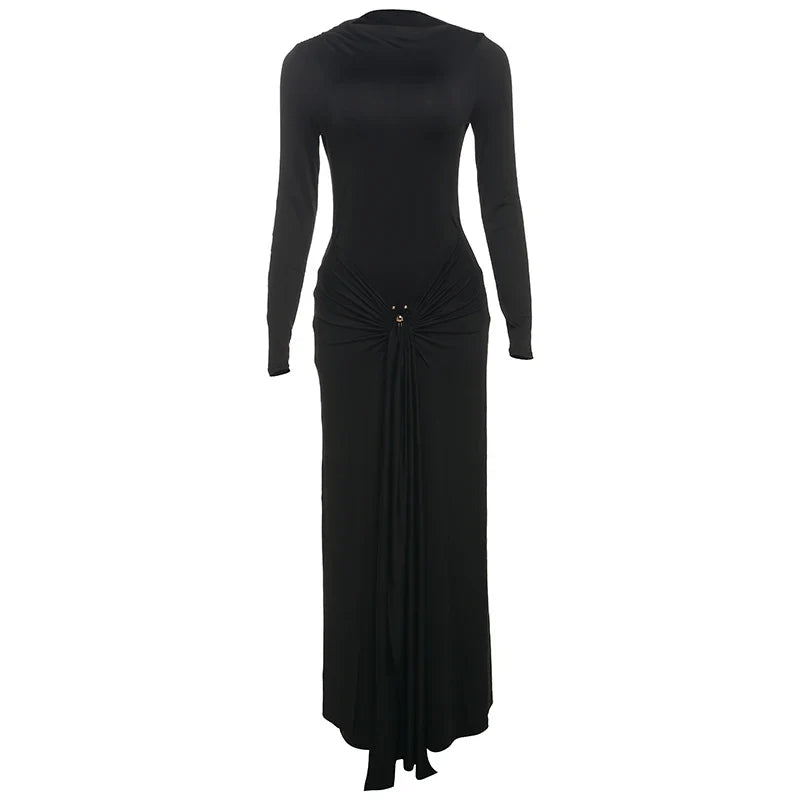 Ruched Elegant Maxi Dress Women Daily Casual Fashion Skinny Full Sleeve Solid Gown Midnight Prom Party Long Bodycon