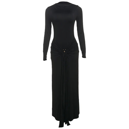 Ruched Elegant Maxi Dress Women Daily Casual Fashion Skinny Full Sleeve Solid Gown Midnight Prom Party Long Bodycon