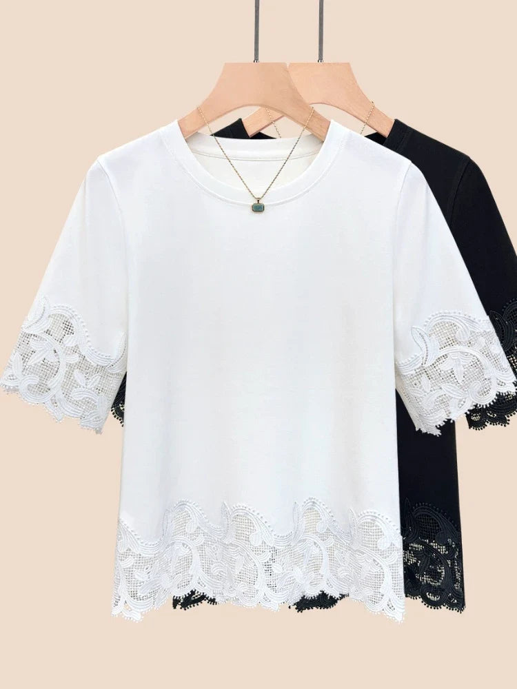 Women's Lace Trim Round Neck Short Sleeve T-Shirt 2025 Summer Slim Fit Casual Minimalist Solid Color Versatile Top