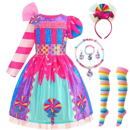 Girls Candy Fairy Lollipop Cosplay Costume Toddler Carnival Purim Rainbow Vestidos Girls Birthday Party Long Short Sleeves Dress