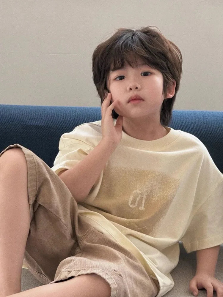 2026 Summer Korean Designer Kids' Unisex Short Sleeve T Shirt Trendy Boys Girls Summer Apparel Soft Cotton Blend Size 110-170cm