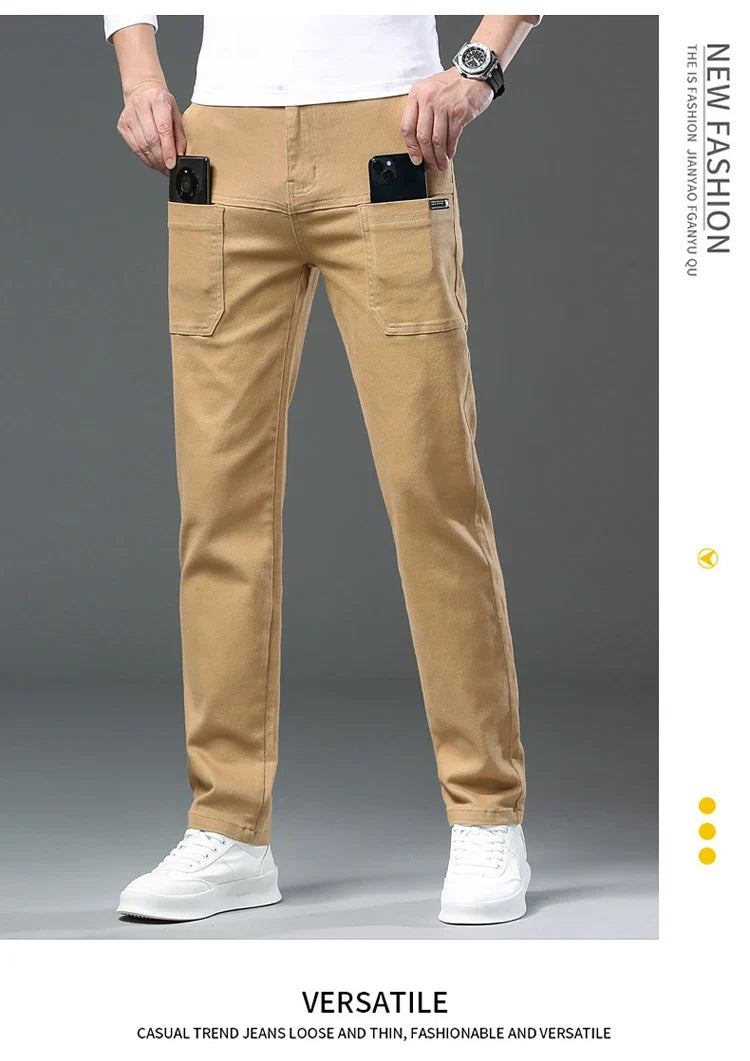 Spring and Autumn Men's Multi-Pocket Design Jeans Fashionable and Versatile White Khaki Red Comfortable Stretch Denim Pants