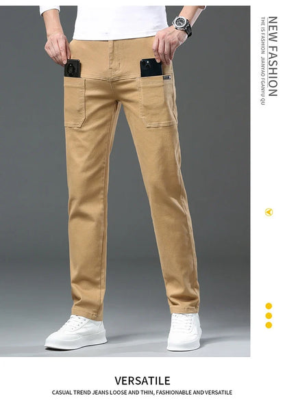 Spring and Autumn Men's Multi-Pocket Design Jeans Fashionable and Versatile White Khaki Red Comfortable Stretch Denim Pants