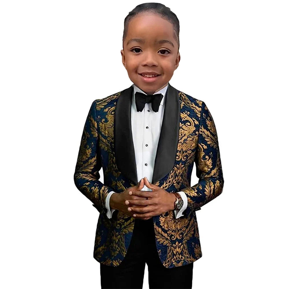 Boy's Suit Set 3 Pieces Luxury Gold Paisley Kids Formal Tuxedo Wedding Ring Bearer Prom Outfit  Stylish Child Suits Jacket Pants