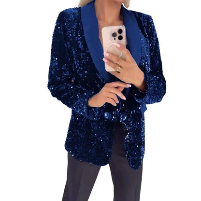 Sequin Suit Coat Solid Color Coat Elegant Glitter Sequin Women's Suit Coat with Lapel Long Sleeve Button Jacket for Autumn