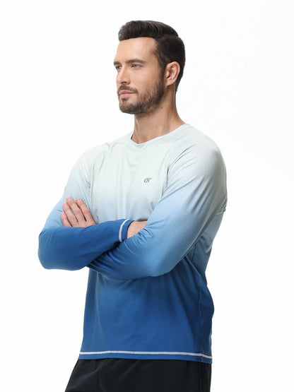 Summer Men's UPF 50+ Beach Swimming T-Shirt, Quick Dry Long Sleeve Fashion Gradient Rash Guard Tops for Sport Fishing Hiking