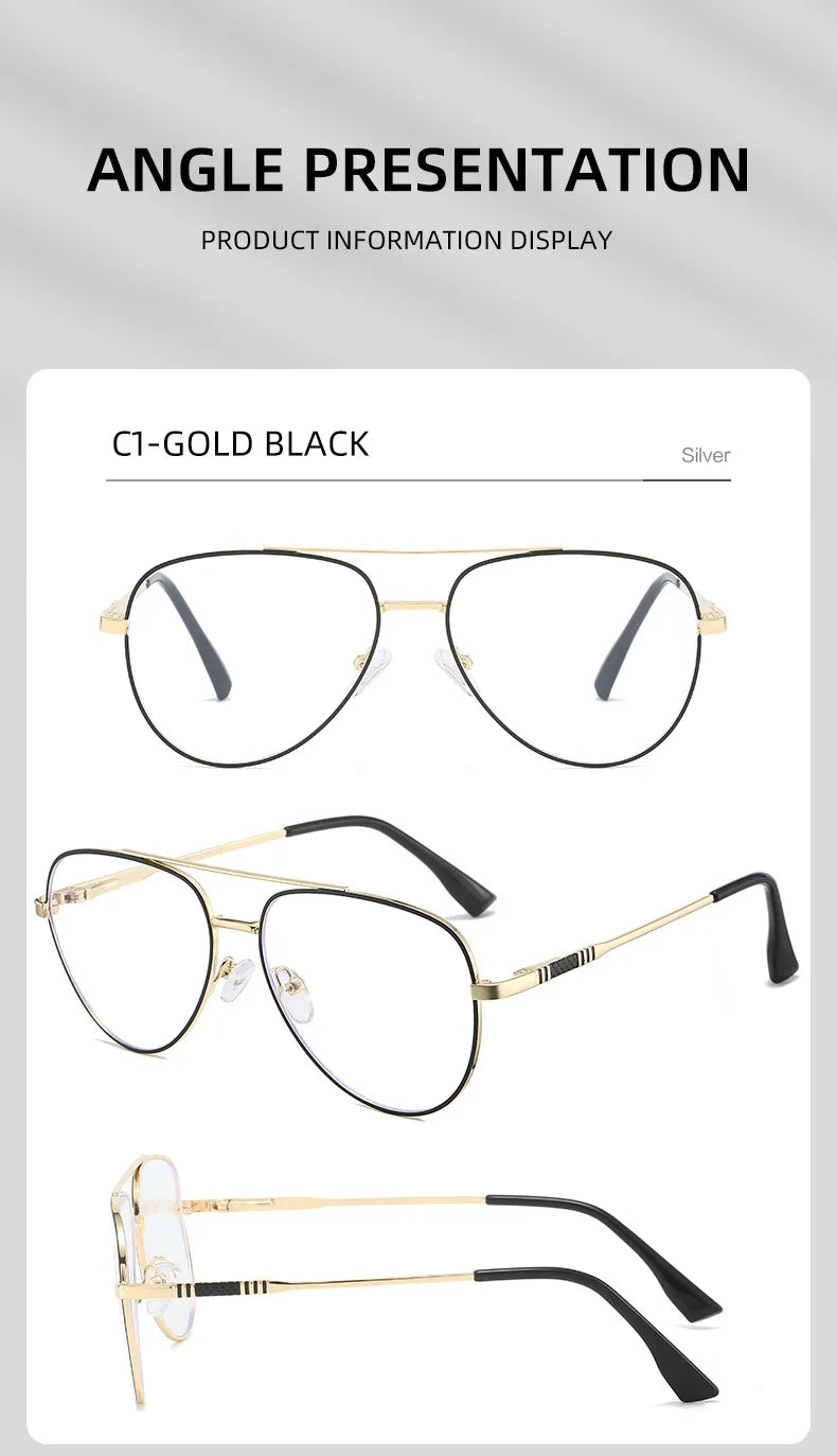 Double Bridge Anti-Blue Light Reading Glasses Men's Metal Pilot Style Leisure Travel Customized Prescription Myopia RS6912