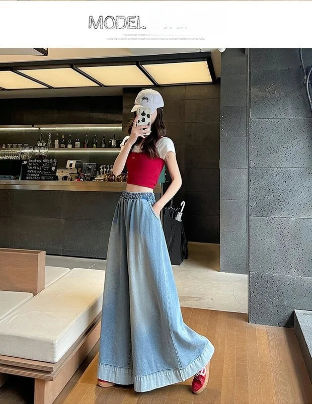 Casual High Waist Wide Leg Jeans Women's Loose Fit Summer Faion plus Size American Sle Cuffed Casual Denim Skirt Pants