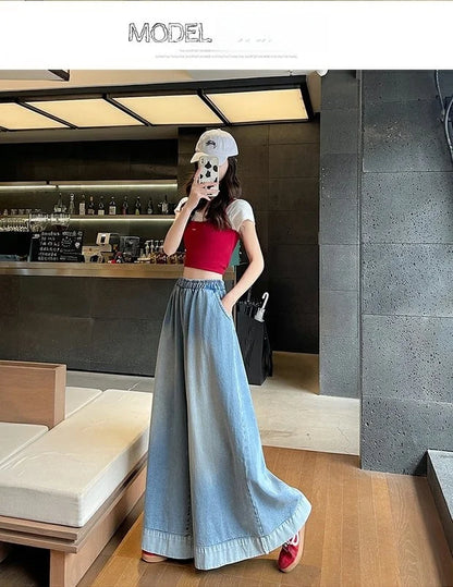 Casual High Waist Wide Leg Jeans Women's Loose Fit Summer Faion plus Size American Sle Cuffed Casual Denim Skirt Pants
