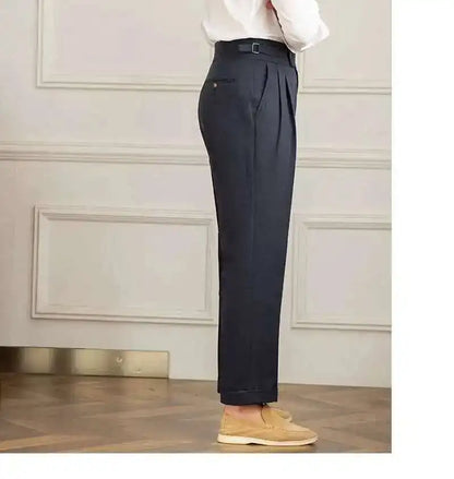 Linen Cotton High Waist Straight Casual Pants Men Versatile Naples Gentleman Pleated Pants High Quality Italian Dress Trousers
