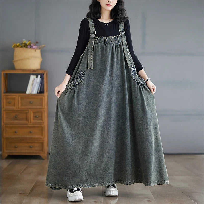 Retro Crtsmanip Loose Fit Slimming Denim Overalls Long Skirt Dr Spring Summer Autumn Winter A-Line Straight Cut Gown