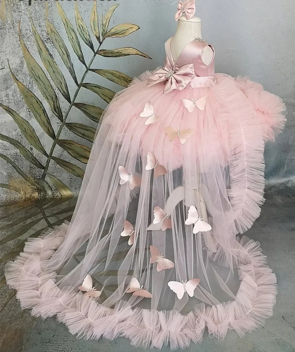 Customized Flower Girl Dresses Puffy Girl Dress Pink Baby Dress With Train Bow Cute Kid's Child Birthday Dresses Frist Communion