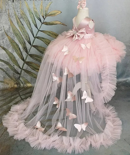 Customized Flower Girl Dresses Puffy Girl Dress Pink Baby Dress With Train Bow Cute Kid's Child Birthday Dresses Frist Communion