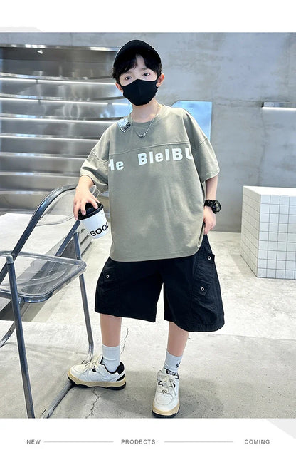 New Casual Boys Top and Bottom Clothes Set Summer Suit for Tween Children Clothing Kids Teenager Shorts Sleeve Tshirt Shorts Set
