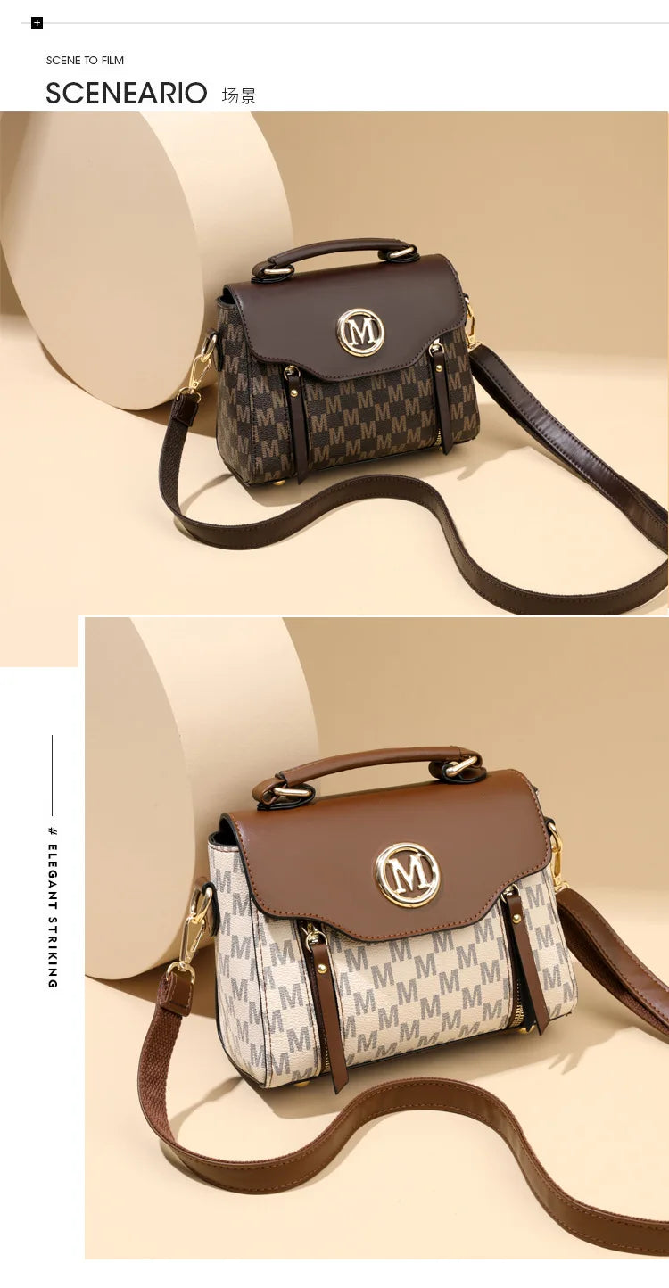 Vintage Women's Tote Bag Stylish PU Handbag Shoulder Bag with Golden Letter "M" Design Detachable Strap Perfect for Everyday Use