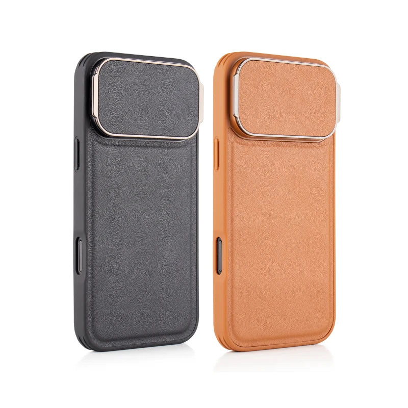 Metal Flip Bracket Protection Camera Lens Shockproof Leather Phone Case For iPhone 17 Pro Max 15 16 Pro Max Bumper Back Cover