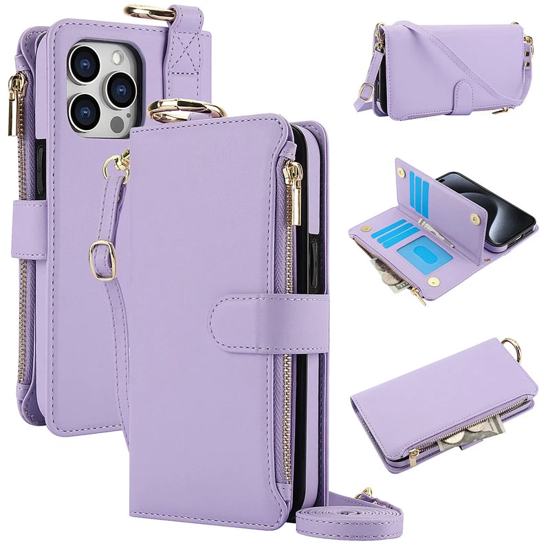Multifunction Card Slots Holder Zipper Wallet Flip Phone Case for IPhone 15 14 13 12 11 Pro Max Plus XS XR X 15Pro Strap Cover
