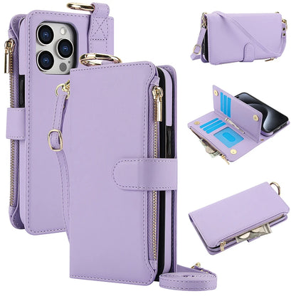 Multifunction Card Slots Holder Zipper Wallet Flip Phone Case for IPhone 15 14 13 12 11 Pro Max Plus XS XR X 15Pro Strap Cover