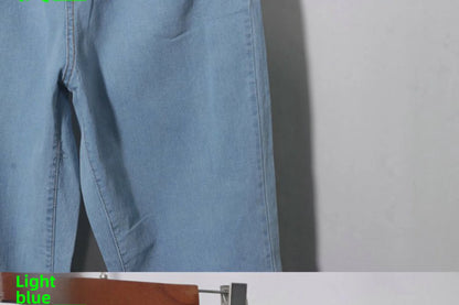 Casual High Waist Cotton Stretch Denim Capri Pants with Pleated Hem Elastic Waist Ladies Faion Spring Autumn Wear