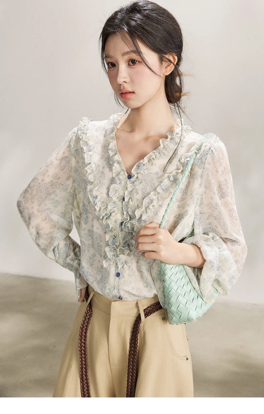 Women's Light Blue Paisley Print Ruffle Blouse V-neck Sheer Long Sleeve Chiffon Shirt Casual Summer Wear MXF13X2549