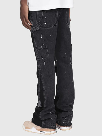 2025 Men's Fashion Jeans Work Pants, European and American Fashion Workwear Elastic Patchwork Denim Layered Flared Pants S-XXL
