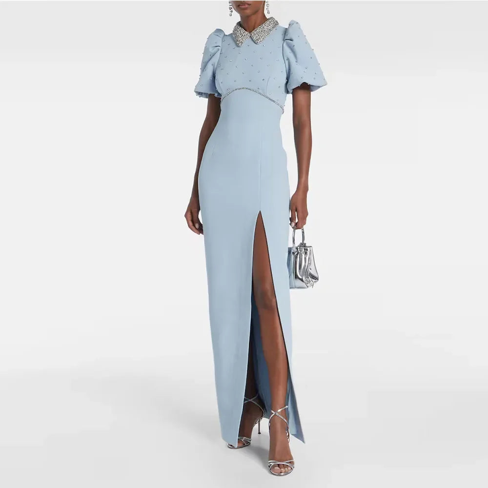 Modern Sky Blue Evening Gown For Wedding Mermaid Formal Party Dress Floor Length Short Sleeves Prom Dress Beading Saudi Dress