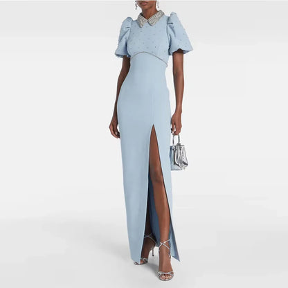 Modern Sky Blue Evening Gown For Wedding Mermaid Formal Party Dress Floor Length Short Sleeves Prom Dress Beading Saudi Dress