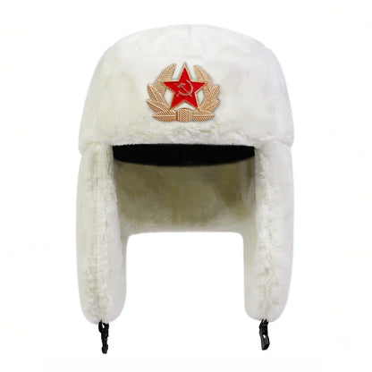 Unisex Five-pointed Star Label Lei Feng Hat Winter Earflap Hat Keep Warm Ski Hat Bomber Hat for Outdoor Riding Snow Activities