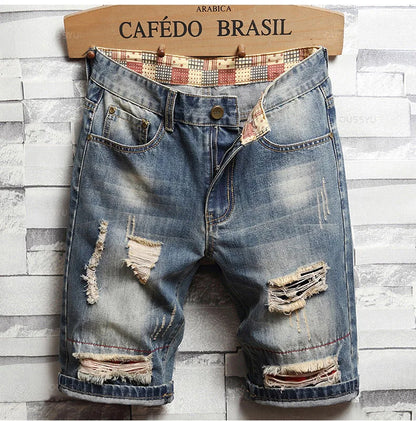 Brand Clothing New Summer Ripped Hole Denim Shorts Men Cotton Thin Straight Retro Biker Knee Length Short Jeans Male Streetwear