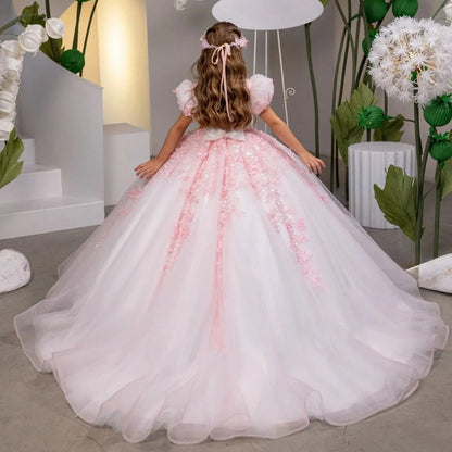 Blush Pink Lace Flower Girl Dress Princess Ballgown Little Girls Wedding Dress Toddle Kids Birthday Party Gowns Customized
