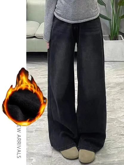 Womens Jeans Y2k Jeans Flared Trousers Black Gray Straight Leg Winter Warm Fleece Lined Loose Fit High Waist Wide Leg Fashion