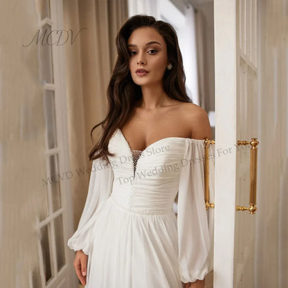 Civil Chiffon Wedding Dresses Beaded Puff Sleeve Off Shoulder Lace Up Back Ivory Elopement Bridal Dresses For Beach Ceremony